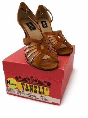 VANELI Cognac Suede Cutout Strappy Heels with Metallic Accents